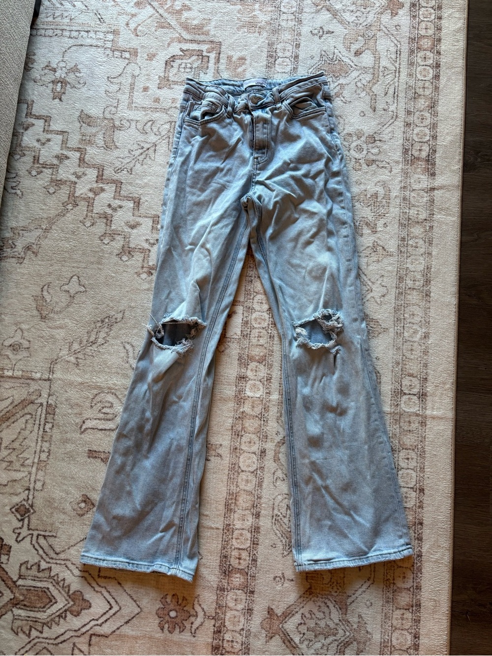 Light Wash Distressed Flare Jeans - Women's Wide Leg - Picture 2 of 4